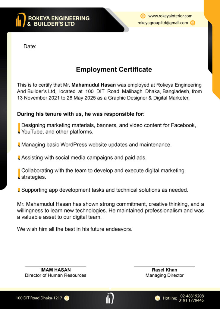 job certificate Mahamudul Hasan
